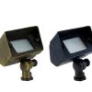 Two outdoor floodlights with black bases on a white background