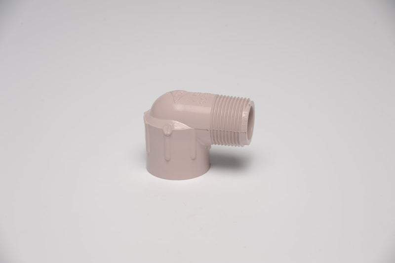 A beige 1/2 inch PVC UVR 90 degree elbow fitting with male thread on one end and a plain end on the other against a white background.