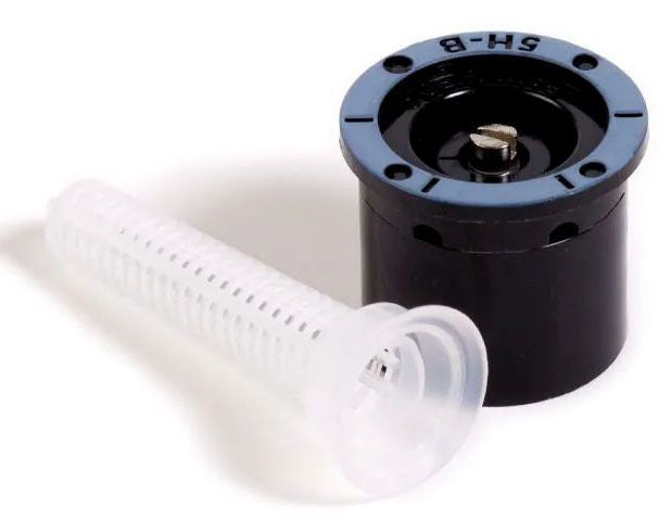 Rain Bird 5H B MPR Bubbler Nozzle, featuring a black plastic body and a white mesh filter.