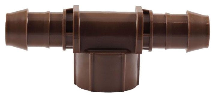 A brown plastic tee fitting with a female adapter, designed for irrigation systems.