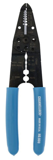 A blue-handled Channellock wire stripper with a black cutting head, designed for stripping wires from 22 AWG to 10 AWG sizes.