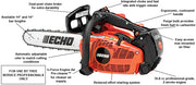 Echo chainsaw with labeled features on a white background