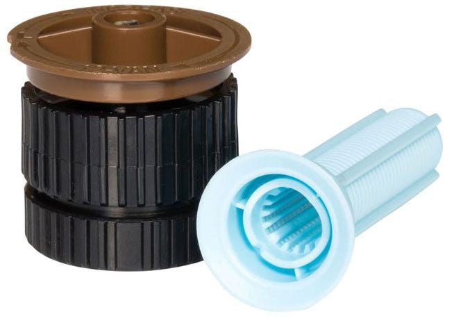 An image showing a Rain Bird sprinkler spray nozzle with a brown and black color scheme, and a blue filter screen visible.