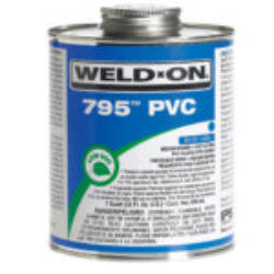 A container of Weld-On blue PVC solvent cement, designed for use on PVC pipes.