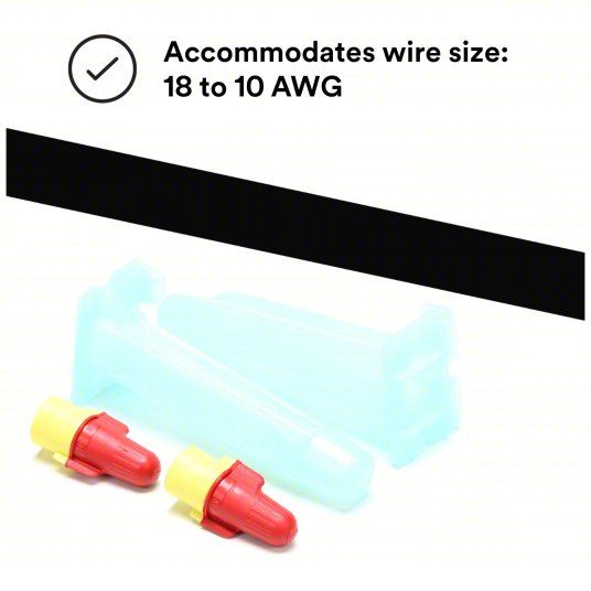 Wire connectors with red and yellow ends on a white background, accommodating wire sizes 18 to 10 AWG.
