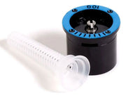 Rain Bird Quarter Nozzles, featuring a black body with a blue top, alongside a white filter screen and a pressure adjustment screw.