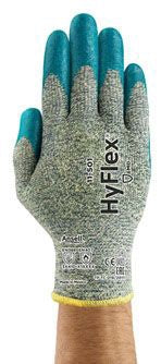 A pair of gray and blue safety gloves with text on the back, designed for cut resistance, featuring knitted nitrile material and a coated palm finish.