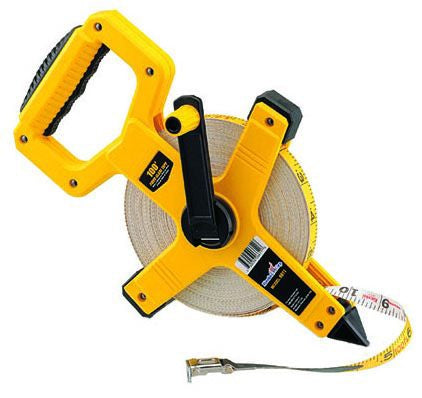 A yellow Christy brand surveyor's tape measure with an open reel, analog display, and a black handle.