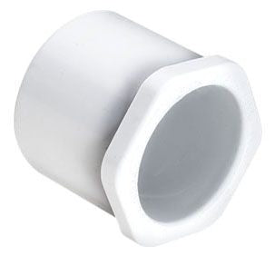 A white PVC bushing fitting with a spigot x socket end connection.