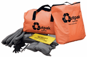 Outpak 25 Gallon Spill Kit in orange duffel bag with various spill response equipment including socks, pillows, poly bags, and gloves.