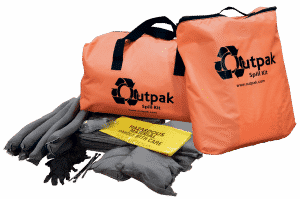 Outpak 25 Gallon Spill Kit in orange duffel bag with various spill response equipment including socks, pillows, poly bags, and gloves.