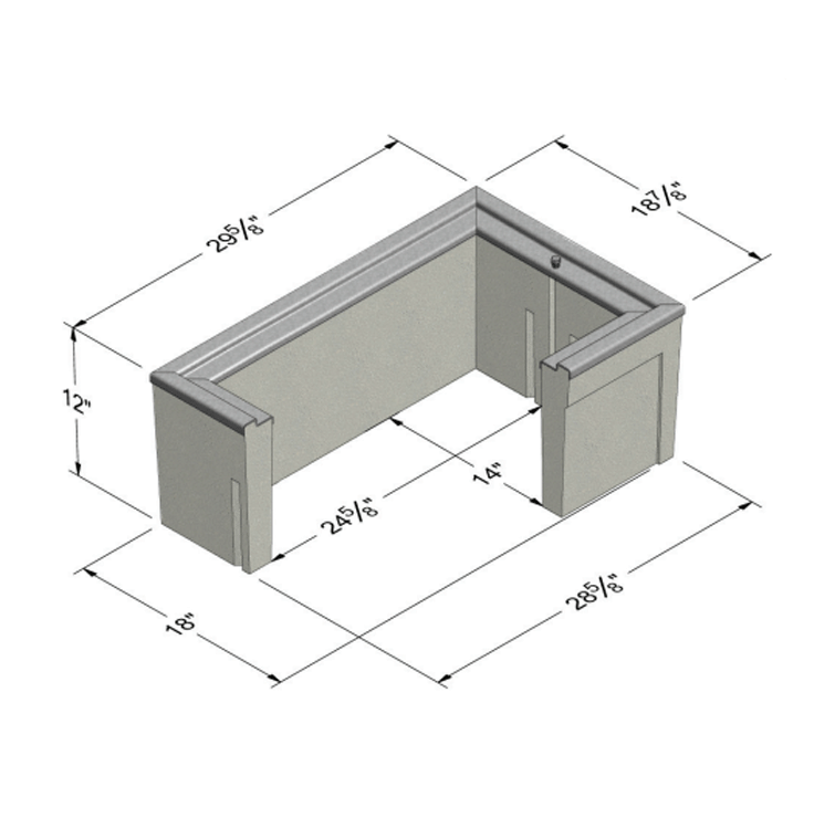 A concrete utility box with a galvanized steel frame, measuring 18 inches by 28.5 inches, without a lid.