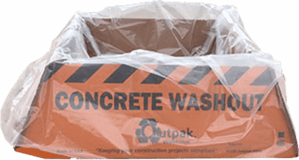 An Outpak brand concrete washout container made of corrugated material with a polyethylene liner, predominantly orange with black stripes and text indicating the product name and capacity.