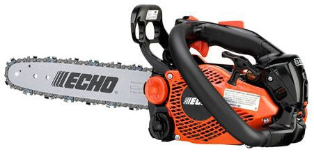 Echo brand chainsaw with an orange and black color scheme, featuring a 14-inch bar.