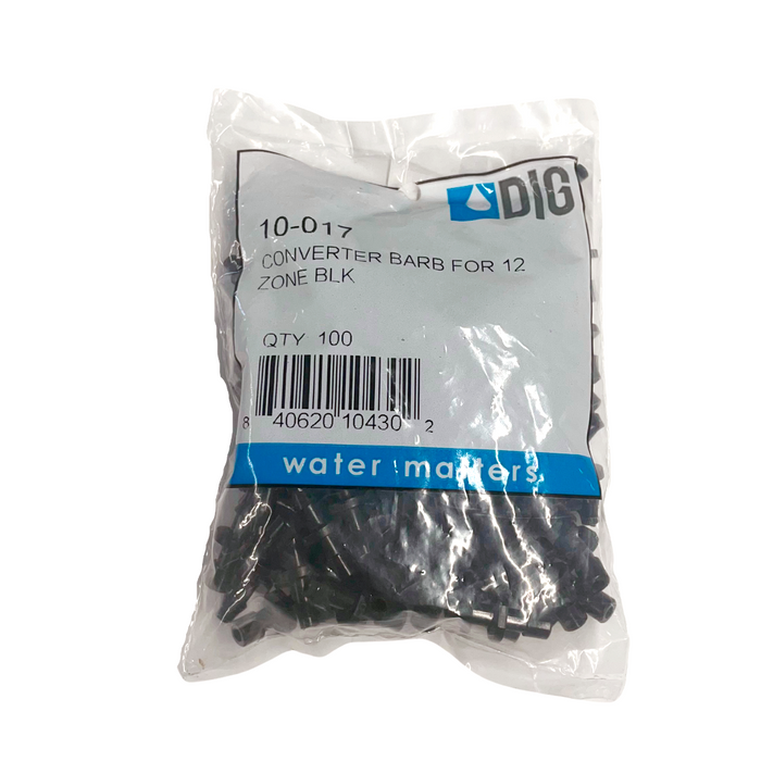 DIG Drip Emitter 12-Outlet Manifolds Accessory, Converter barb, Black, Bag of 100