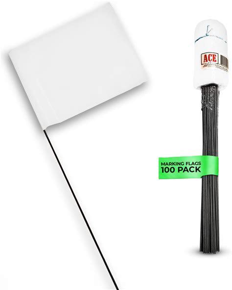 A pack of white wire staff marking flags with a length of 15 inches, displayed with a single flag showing details.