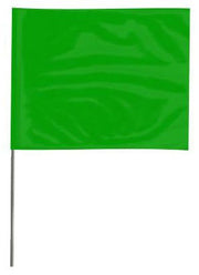 A 2 inch by 3 inch green wire staff marking flag with a 15 inch wire staff, made from flexible PVC film with an embossed suede/matte finish.