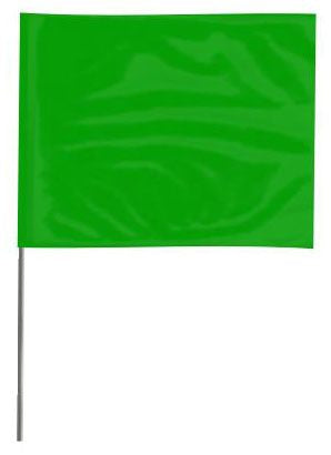 A 2 inch by 3 inch green wire staff marking flag with a 15 inch wire staff, made from flexible PVC film with an embossed suede/matte finish.