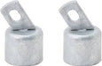 Two metallic cable clamps on a white background