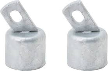 Two metallic cable clamps on a white background