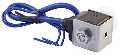 A silver-colored solenoid valve actuator with blue wiring against a white background.