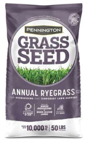 Bag of Pennington Annual Ryegrass grass seed with purple and white design.
