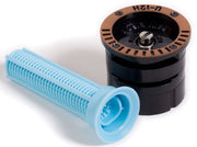 A Rain Bird sprinkler spray nozzle with a black body and a blue filter or screen attached.