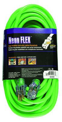 A lime green, 12 gauge, 3-conductor extension cord in a packaging box with the brand name 'Neon Flex' on the top.
