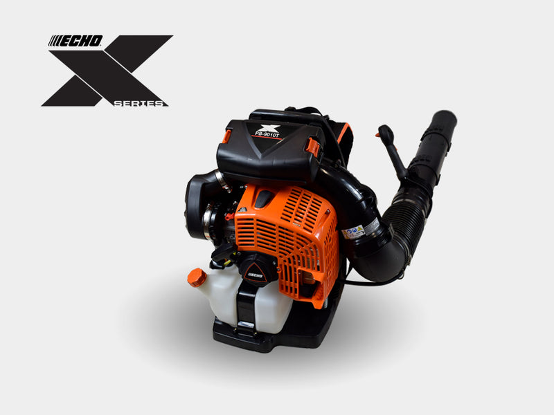 Echo PB-9010H backpack blower with orange and black color scheme, featuring a shoulder strap and a blower tube.