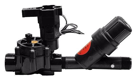 Rain Bird XCZ 075 PRF 3/4" In Line Control Zone Valve Kit with a pressure regulator and filter, predominantly black in color.