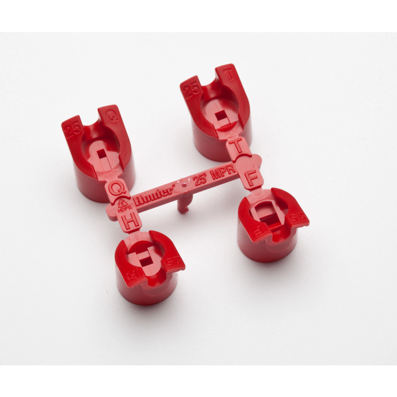 Hunter I-20 Rotor Nozzle MPR 25, Red matched precipitation nozzle rack with all 25' radius nozzles; includes a quarter-, third-, half-, and full-circle nozzle