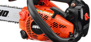 Close-up of a chainsaw with Echo branding on an orange and black background
