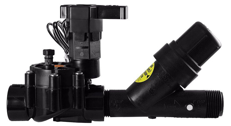 Rain Bird XCZ 100 PRF 1" In Line Control Zone Valve Kit with a pressure regulating filter and a medium flow valve, assembled together.