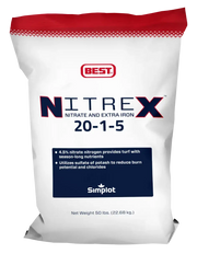 Nitrex fertilizer package with Best and Simplot branding on a white background