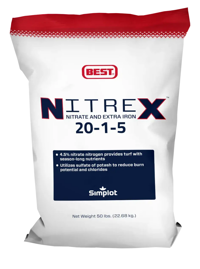 Nitrex fertilizer package with Best and Simplot branding on a white background