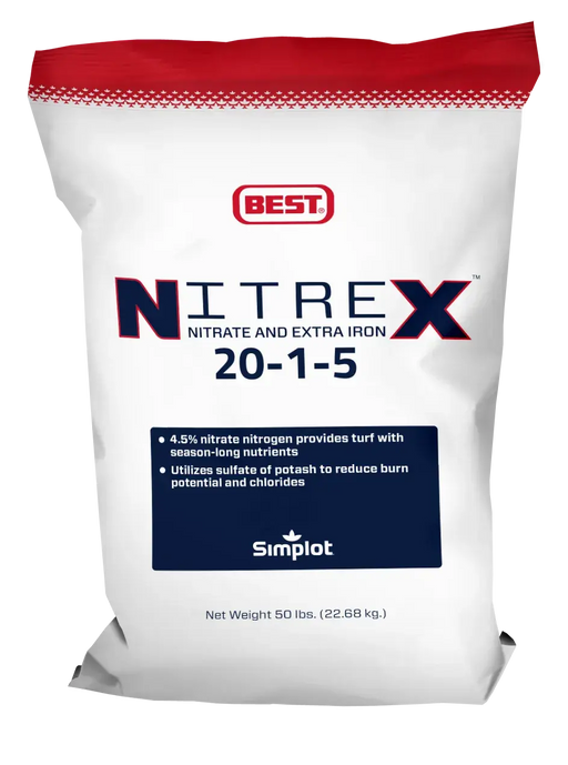 Nitrex fertilizer package with Best and Simplot branding on a white background