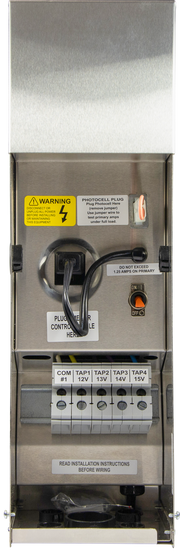 A silver-colored Brilliance LED transformer for landscape lighting with multiple taps, including a secondary circuit breaker and conduit knockouts.