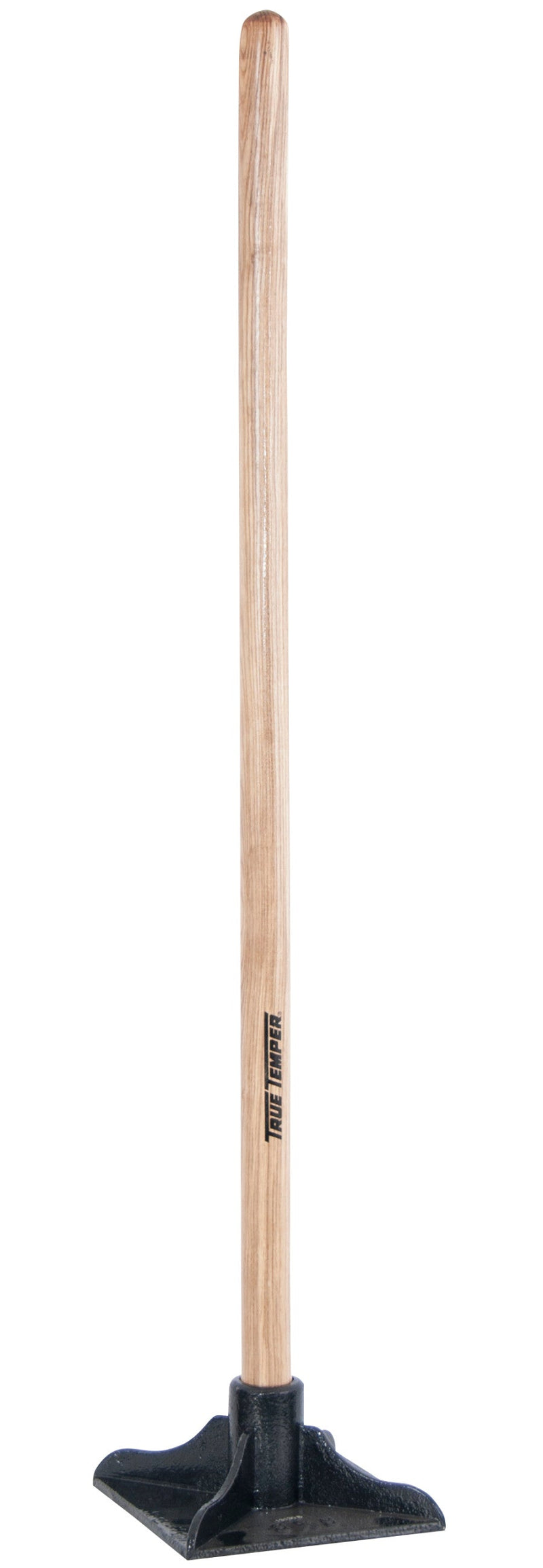 A Ames brand tamper with a 42 inch wooden handle and a 10 inch by 10 inch metal head.