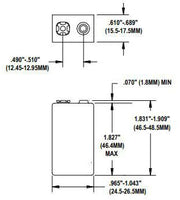 Technical diagram showing the dimensions and layout of a 9 Volt alkaline battery.
