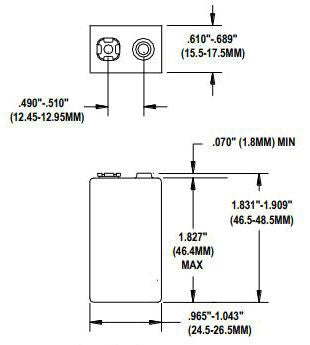 Technical diagram showing the dimensions and layout of a 9 Volt alkaline battery.