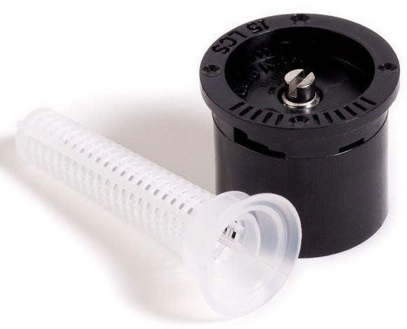 Rain Bird 15LCS sprinkler spray nozzle with a black body and a white filter screen, designed for a left corner strip pattern.