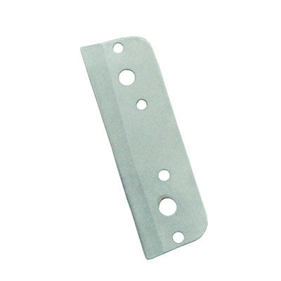 A stainless steel pipe and hose cutter replacement blade with multiple holes for mounting.