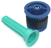 A Rain Bird HE VAN 10 sprinkler spray nozzle with a blue and black body and a green filter screen attachment.