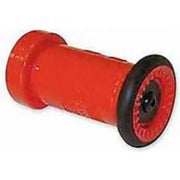 A red thermoplastic fog nozzle with a black rim and a hose connection point.