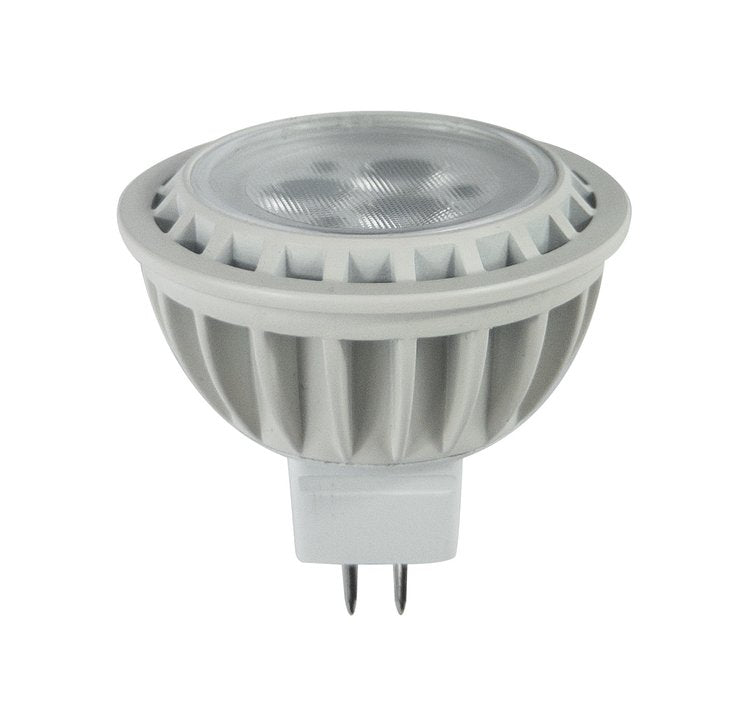 An LED MR16 bi-pin lamp with a grey metal housing and clear lens.