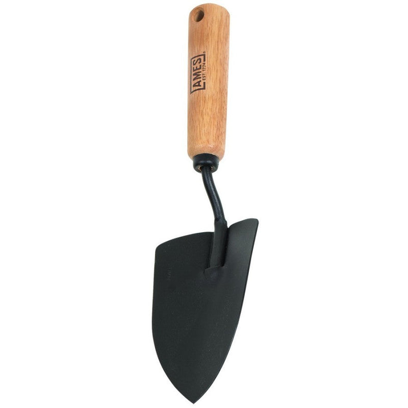 A hand trowel with a black steel blade and a brown wooden handle with the brand 'AMES' inscribed on it.