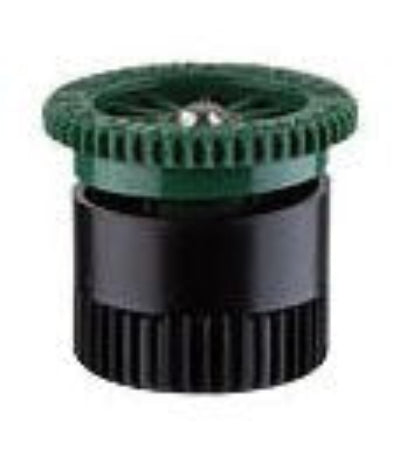 A black sprinkler spray nozzle with green color coding on top, designed for irrigation systems.