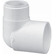 White PVC 90 degree elbow fitting with male thread on one end and a socket on the other, marked with schedule 40.