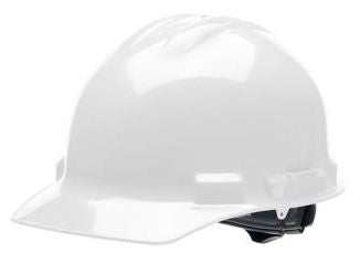 A white safety hard hat with a pin lock suspension system.