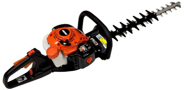 Echo hedge trimmer with an orange and black color scheme, featuring a double-sided blade and a see-through fuel tank.